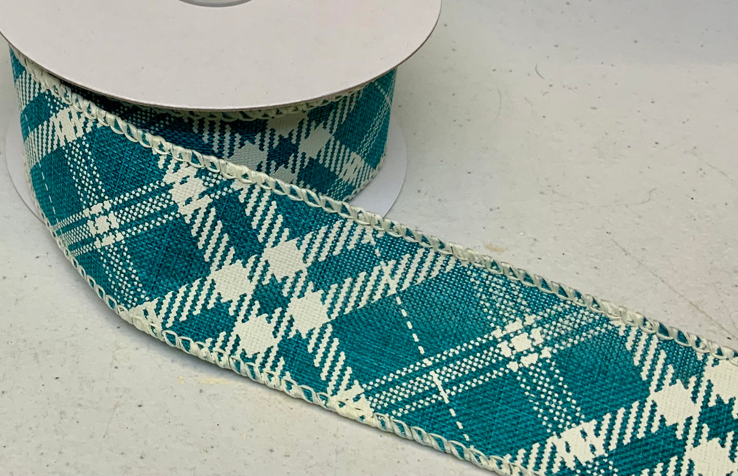 Wired Teal Linen Cream/Hazel Diagonal Plaid Ribbon- 1.5”x10 Yards