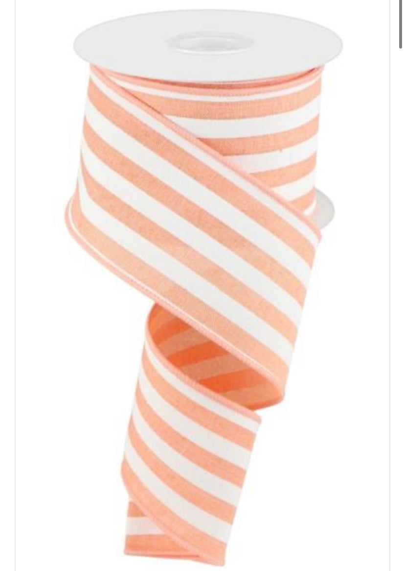 10 Yards - 2.5” Wired Peach and White Vertical Stripe Ribbon