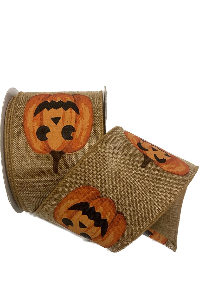 Wired Linen Pumpkin Face Ribbon-2.5”x10 Yards