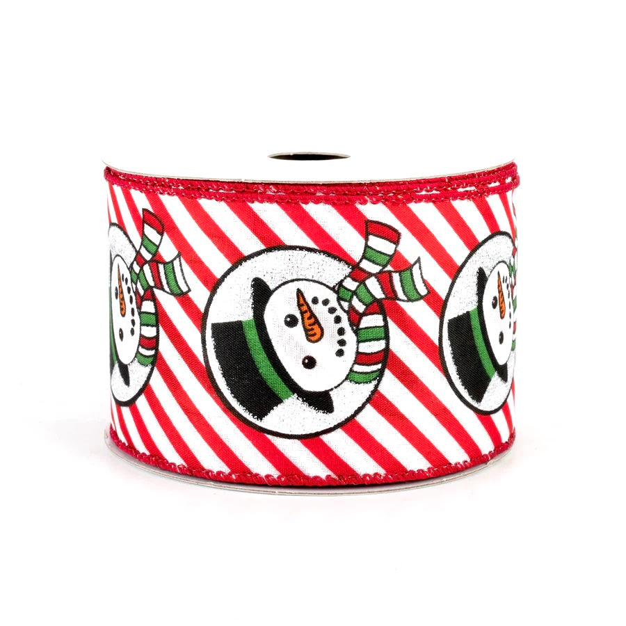 10 Yards - 2.5” Wired Red and White Striped Background Glitter Accent Snowman Ribbon