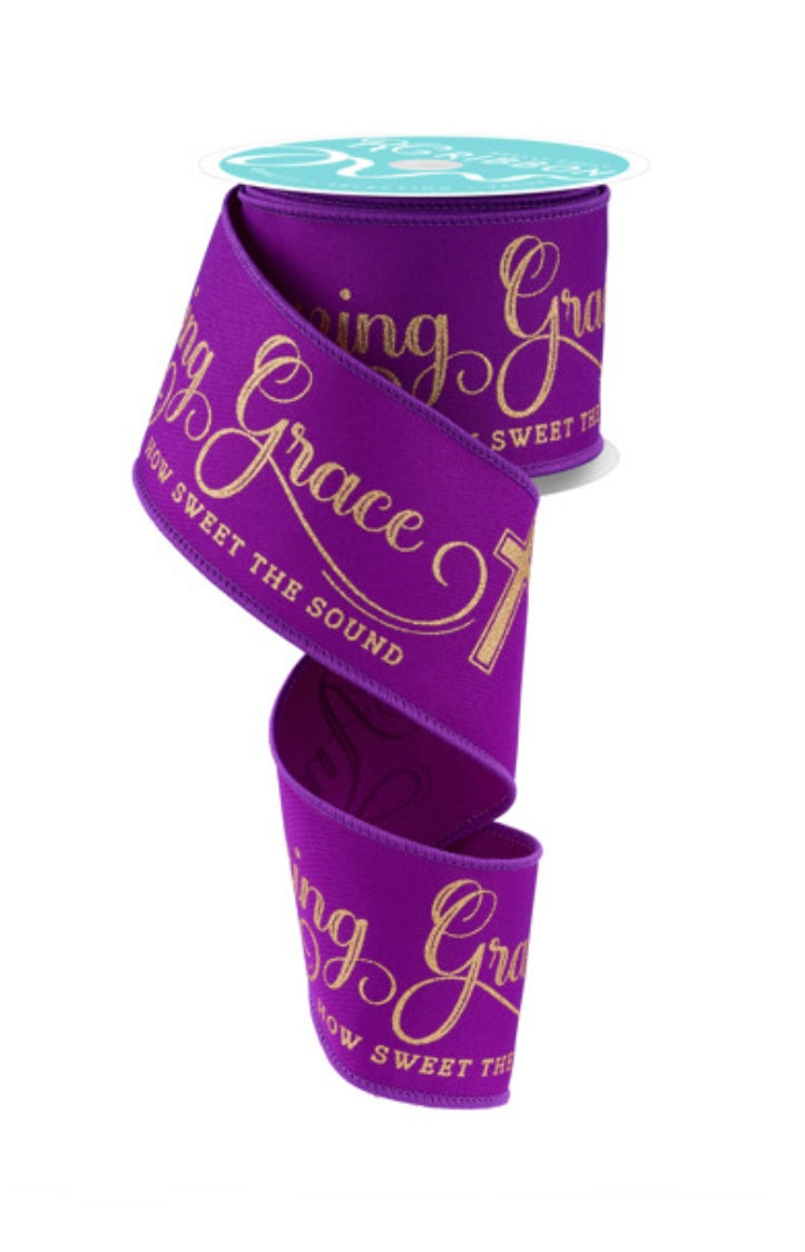 10 Yards - 2.5” Wired Purple and Gold Amazing Grace Religious Ribbon