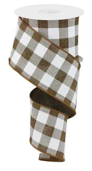 Wired Brown and White Check Ribbon-2.5”x10 Yards