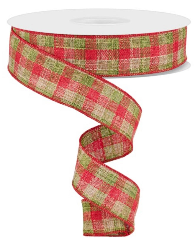 Wired Red, Green, and Cream Woven Check Ribbon- 1.5”x50 Yards