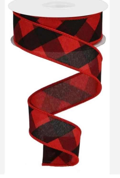 Wired Red and Black Cross Plaid Christmas Ribbon- 1.5”x 10 Yards