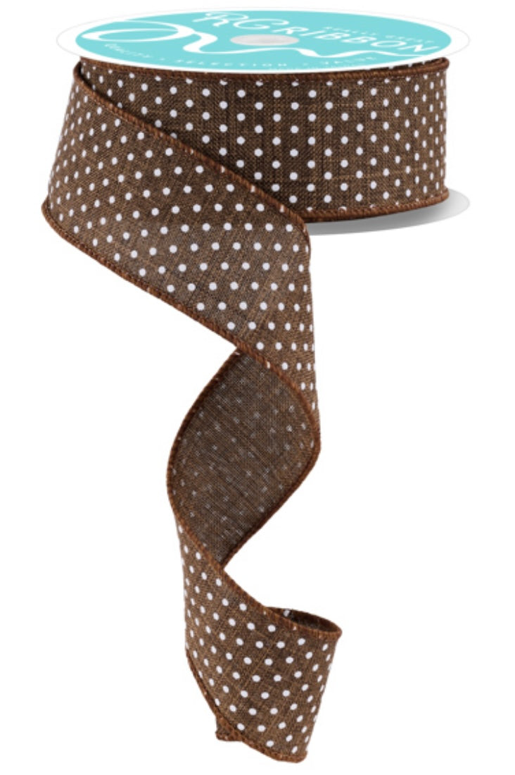 10 Yards - 1.5" Wired Brown and White Swiss Dot Ribbon