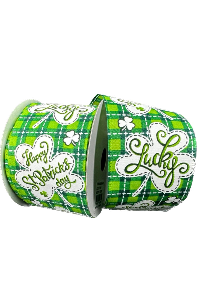 10 Yards - 2.5" Wired Green and White Check Background St Patrick's Day Ribbon