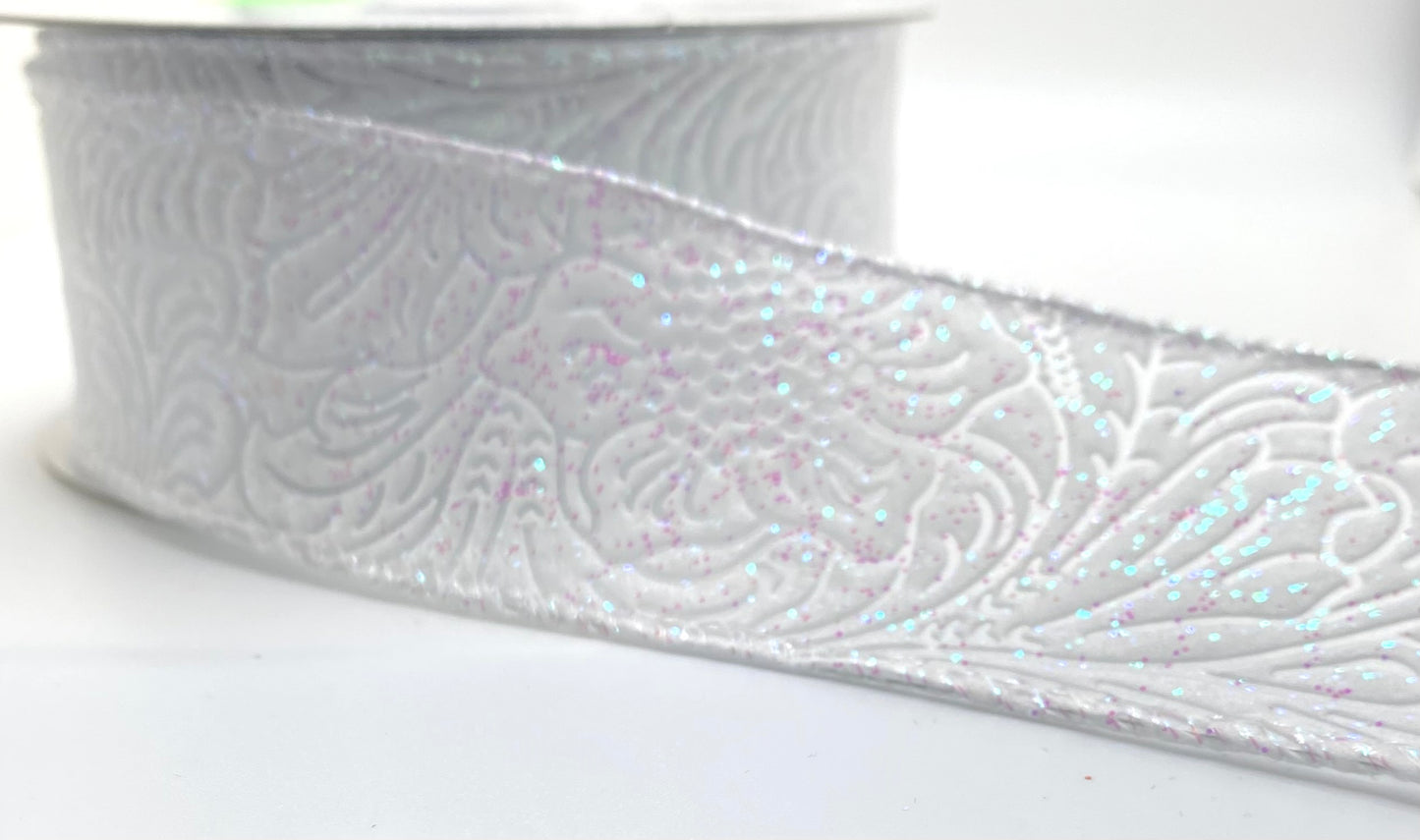 10 Yards - 1.5” Wired White Iridescent Glitter Floral Embossed Ribbon