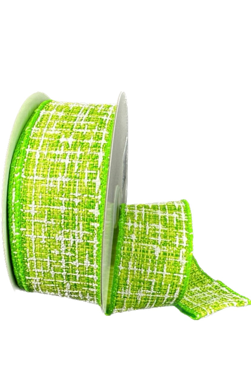 10 Yards - 1.5” Wired Lime and White Embellished Tweed Ribbon