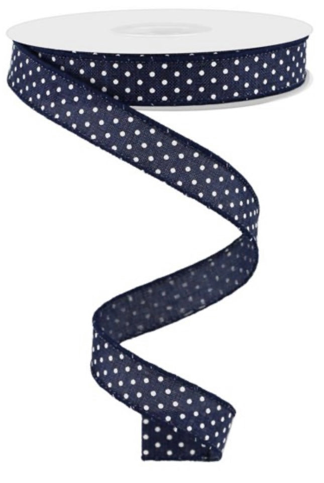 10 Yards - 5/8" Wired Navy Blue and White Raised Swiss Dot Ribbon