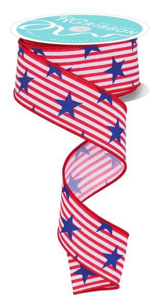 10 Yards - 1.5” Wired Red, White, and Blue Star Patriotic Ribbon