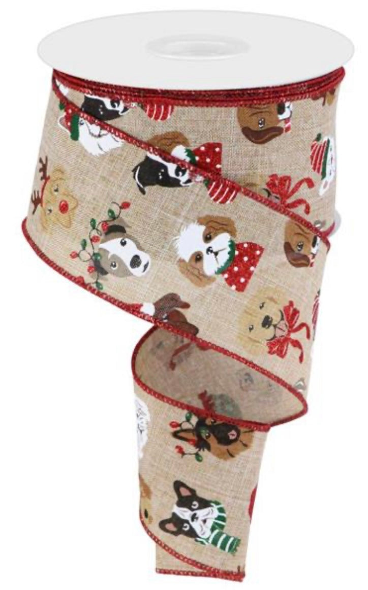 10 Yards - 2.5” Wired Natural Background Christmas Pooch Dog Ribbon with Glitter Accent and Red Edge
