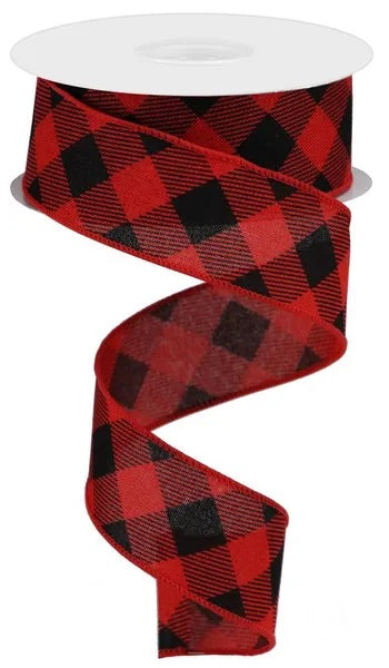 Wired Red and Black Diagonal Check Ribbon-1.5”x10 Yards