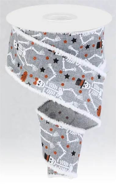 Wired Gray Skeleton Halloween Ribbon with Glitter Accent and White Drift Edge-2.5”x10 Yards