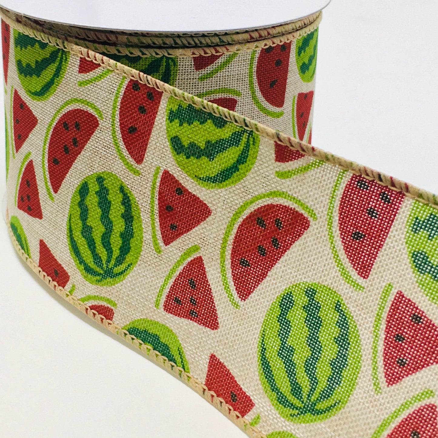 10 Yards - 2.5” Wired Natural Background Watermelon Ribbon