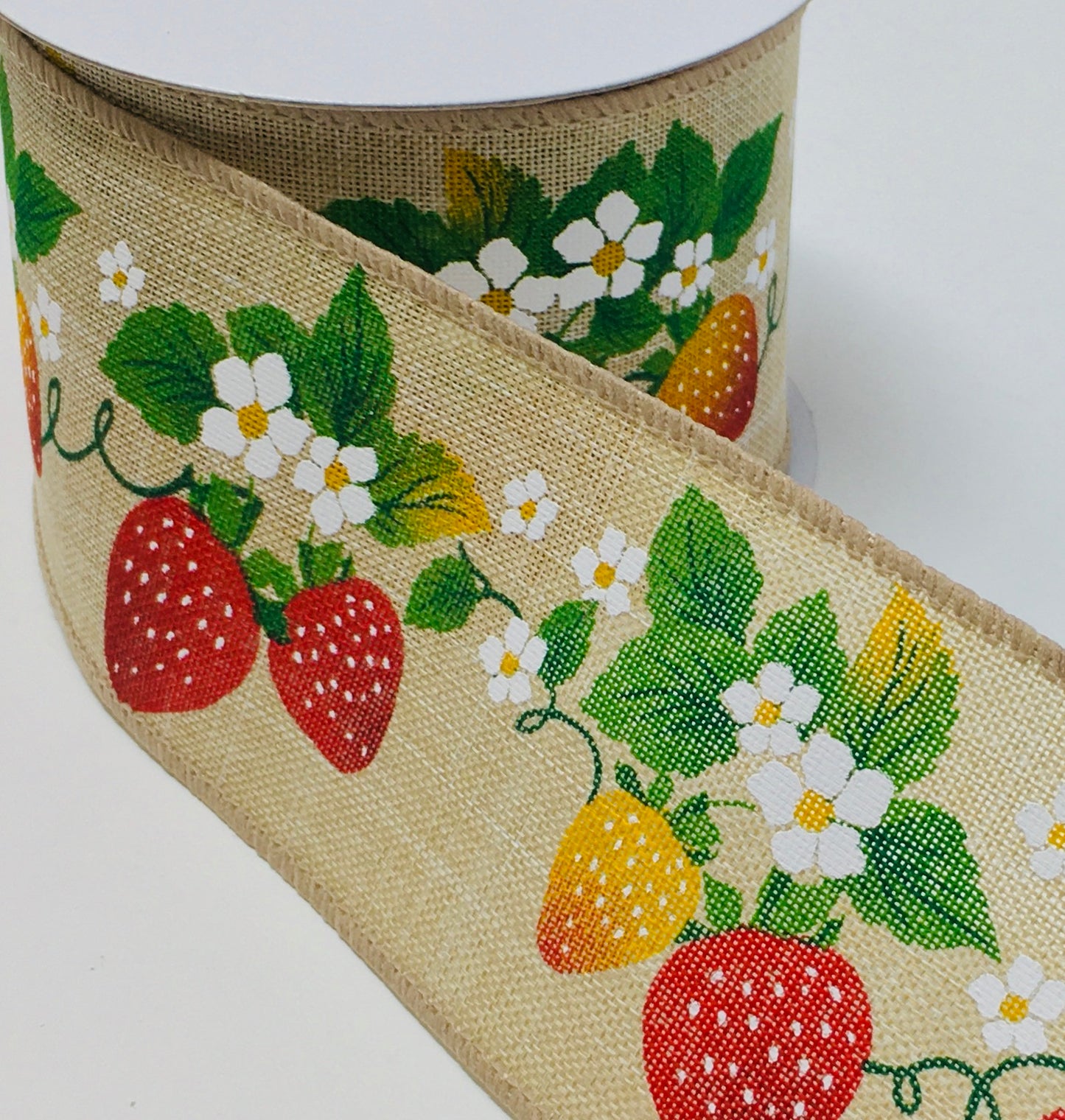 10 Yards - 2.5” Wired Natural Background Strawberry with Blossoms Ribbon