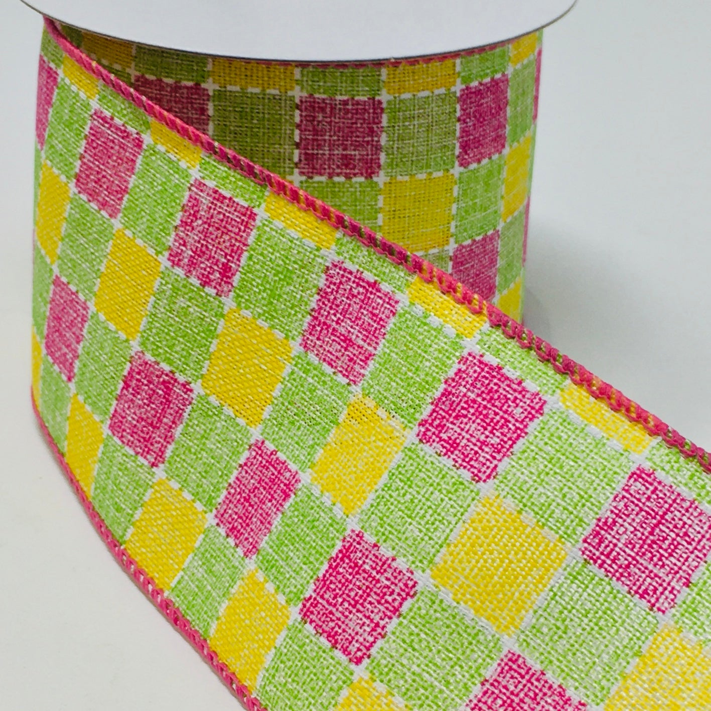 10 Yards - 2.5” Wired Pink, Green, Yellow, and White Faux Stitched Check Ribbon