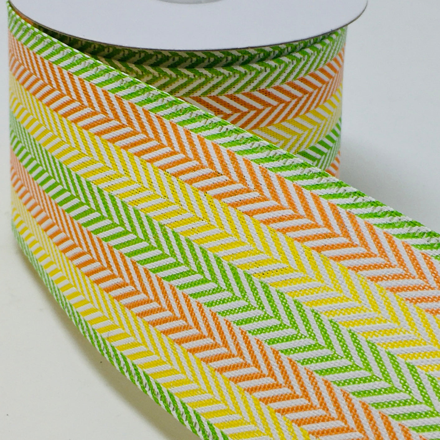 10 Yards - 2.5” Wired Lime Green, Orange, Yellow, and White Herringbone Ribbon