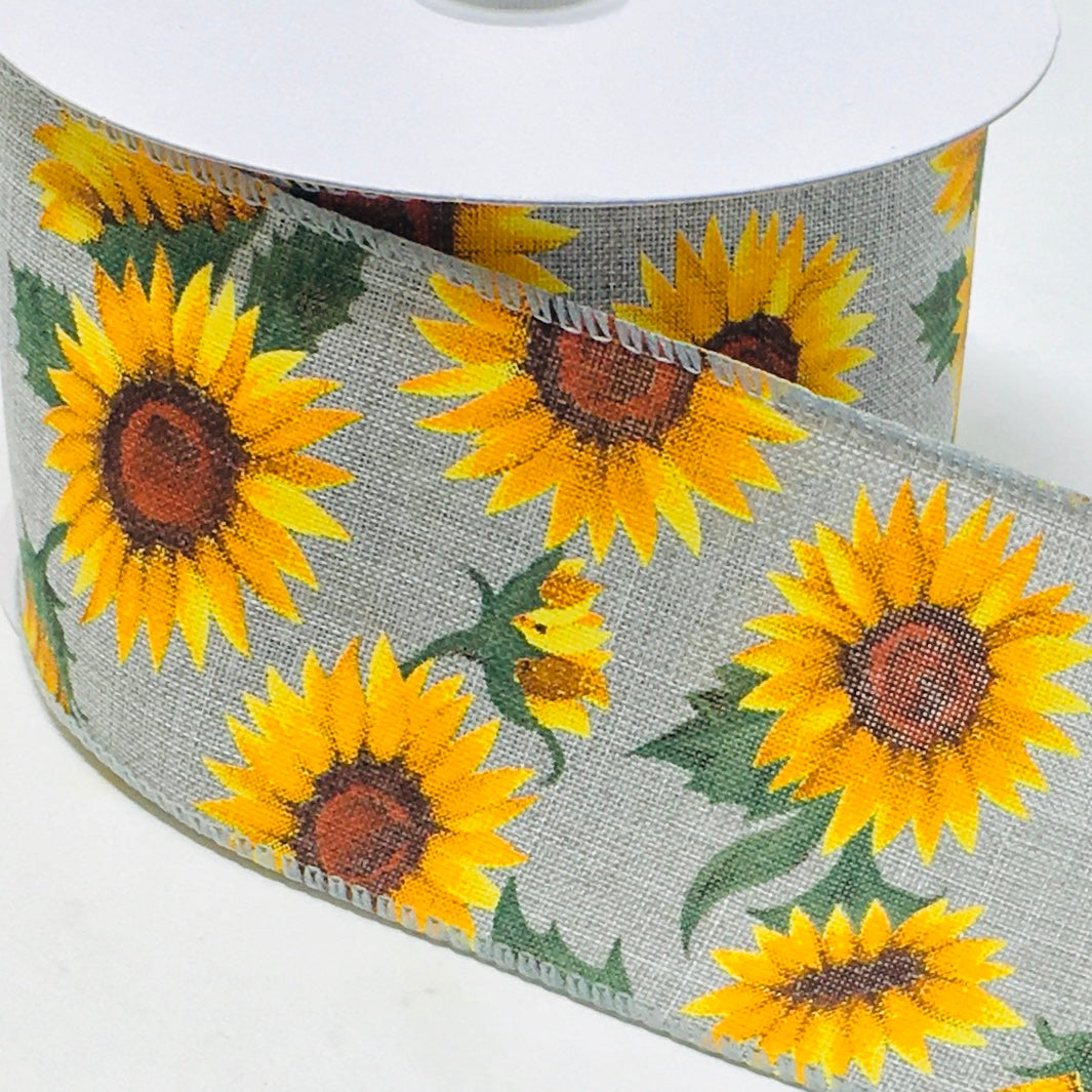 10 Yards - 2.5” Wired Gray Background Sunflower Ribbon