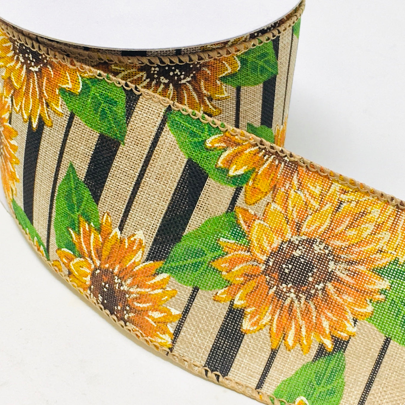 10 Yards - 2.5” Wired Natural and Black Stripe Sunflower Ribbon