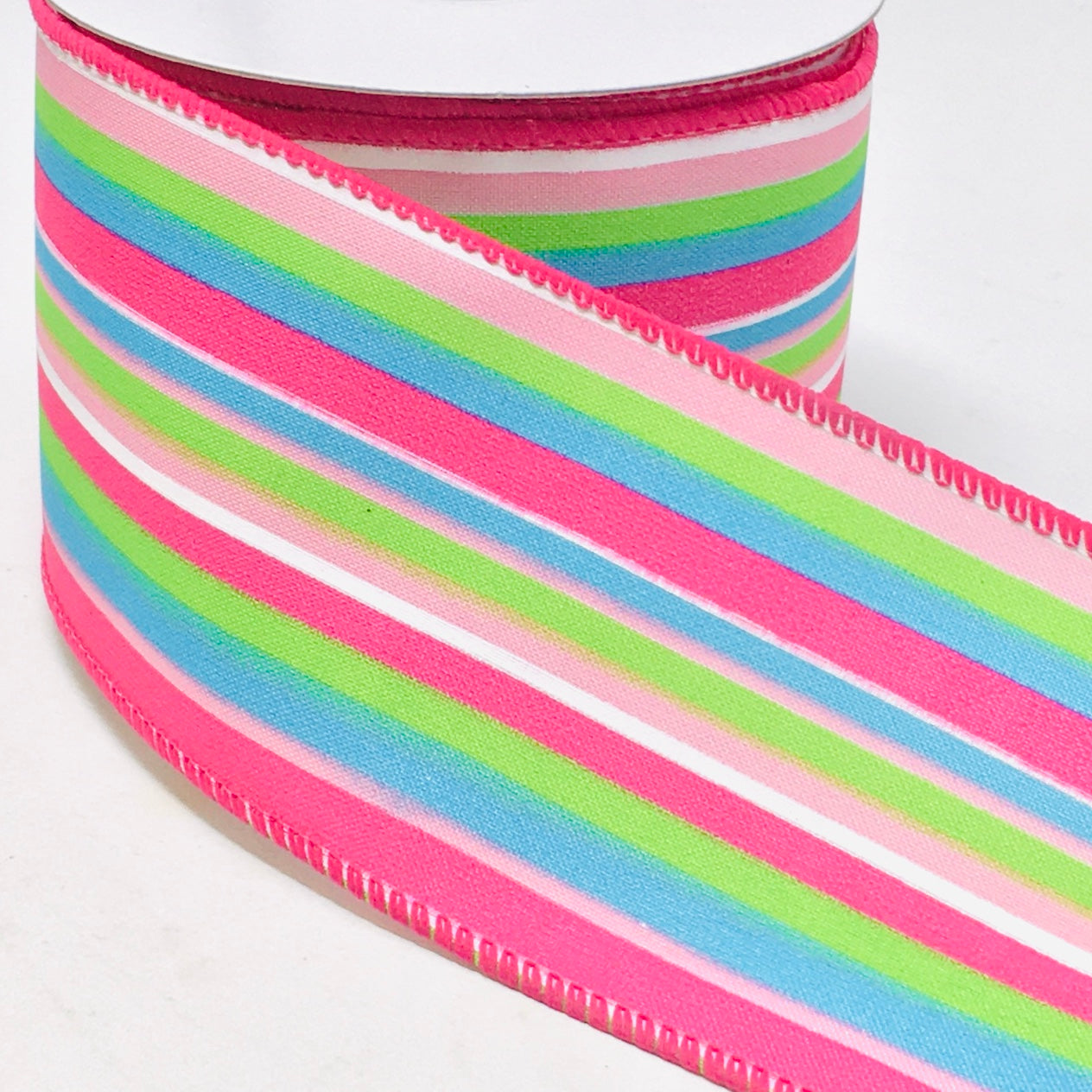 10 Yards - 2.5” Wired Pink, Green, Blue, and White Stripe Ribbon