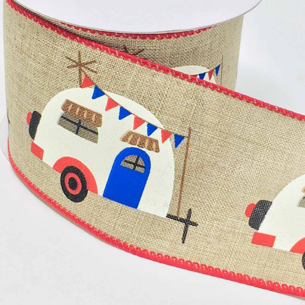10 Yards - 2.5” Wired Natural Background Red, White, and Blue Patriotic Camper Ribbon