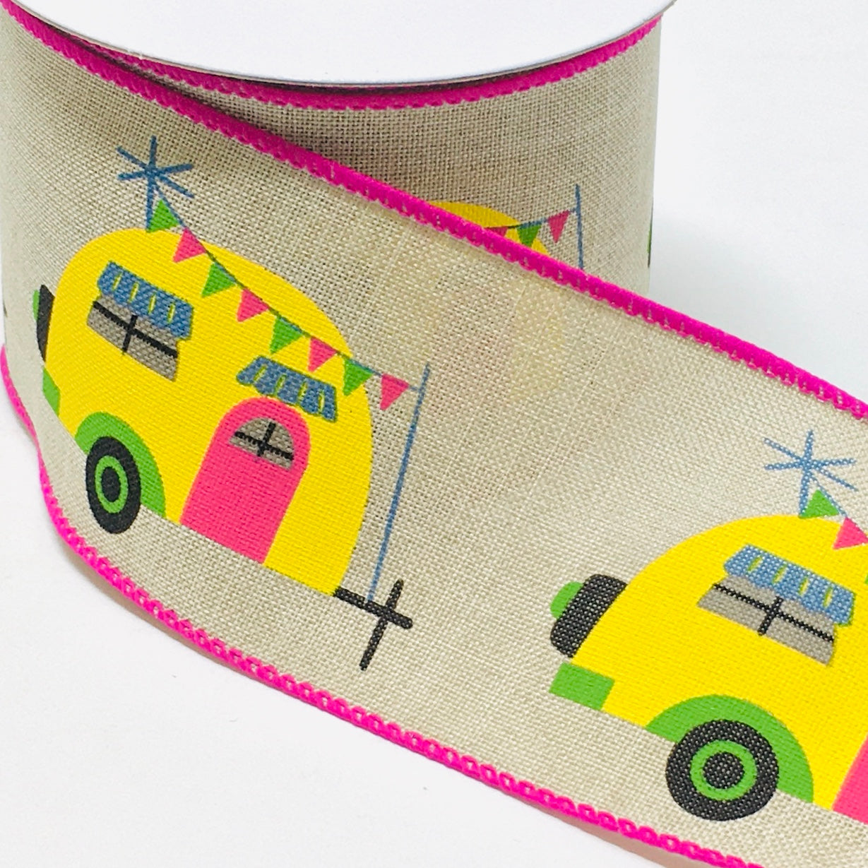 10 Yards - 2.5” Wired Natural Background Bright Camper Ribbon