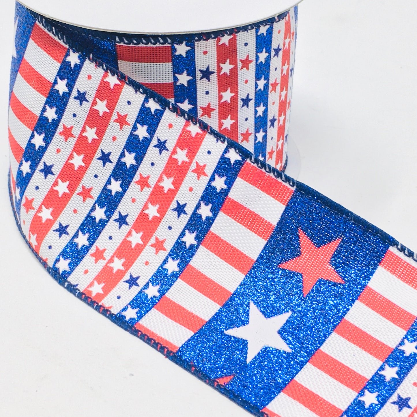 10 Yards - 2.5” Wired Patriotic Red, White, and Blue Stars and Stripes Ribbon with Glitter Accent