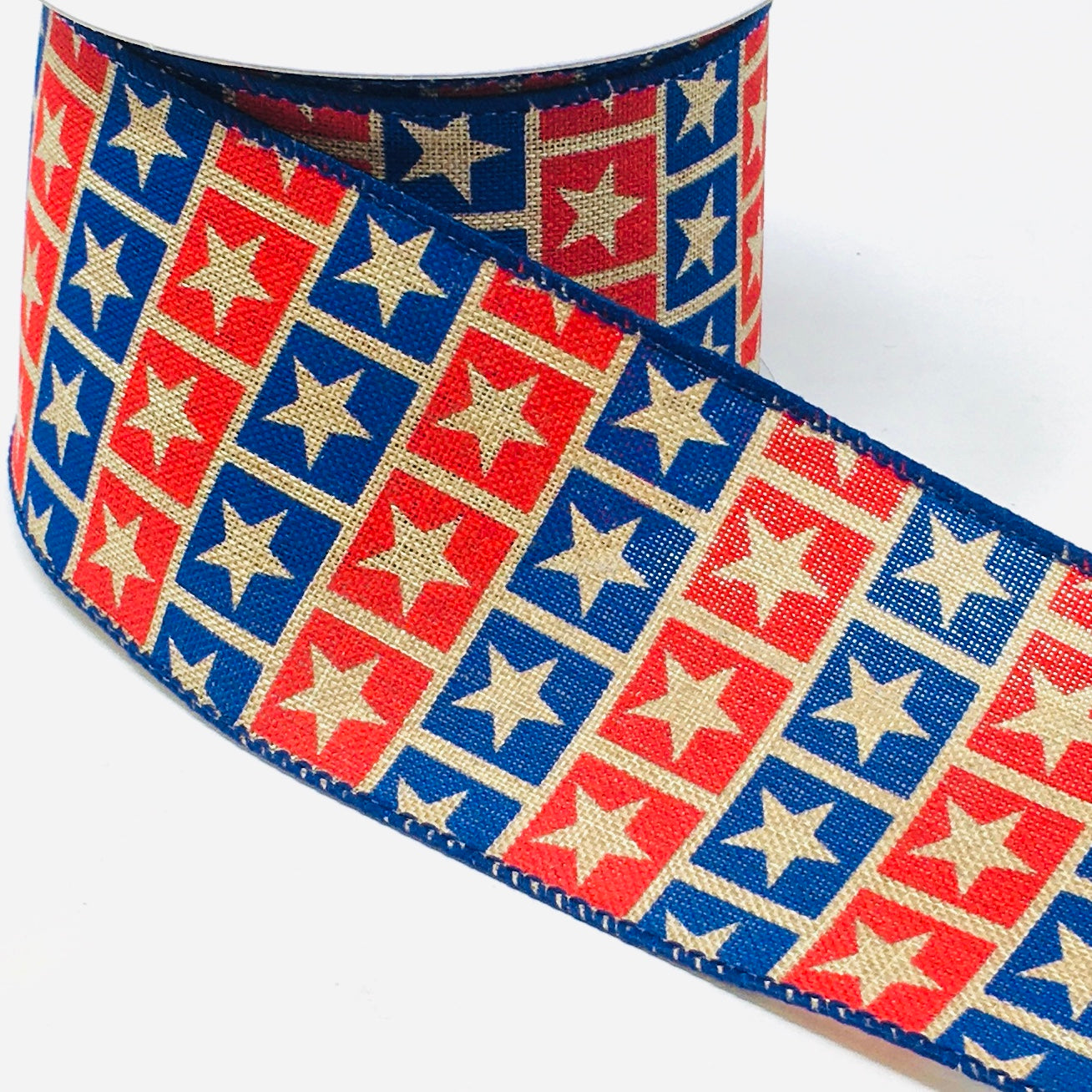 10 Yards - 2.5” Wired Natural, Red, and Blue Star Patriotic Ribbon