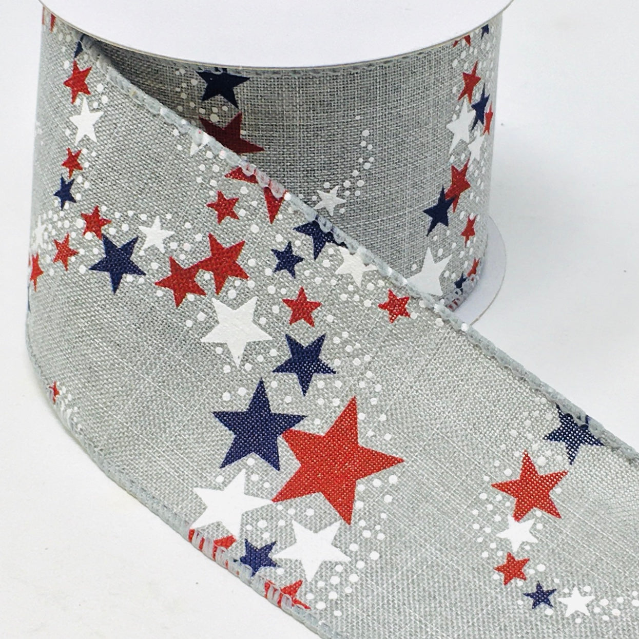 10 Yards - 2.5” Wired Gray Background Patriotic Star with Shimmer Accent Ribbon