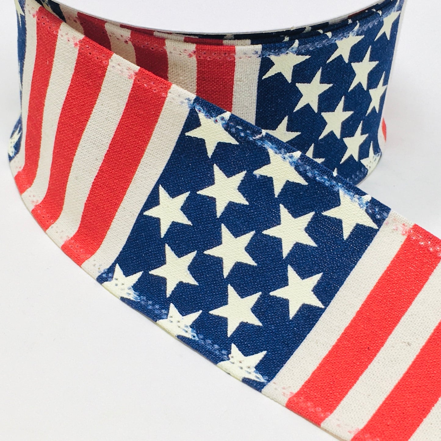10 Yards - 2.5” Wired Patriotic Red, Cream, and Navy Blue Canvas Flag Ribbon