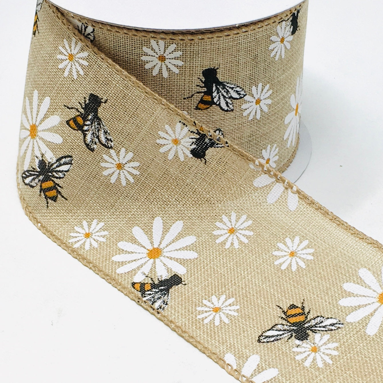10 Yards - 2.5” Wired Natural Background Bumblebee Daisy Ribbon
