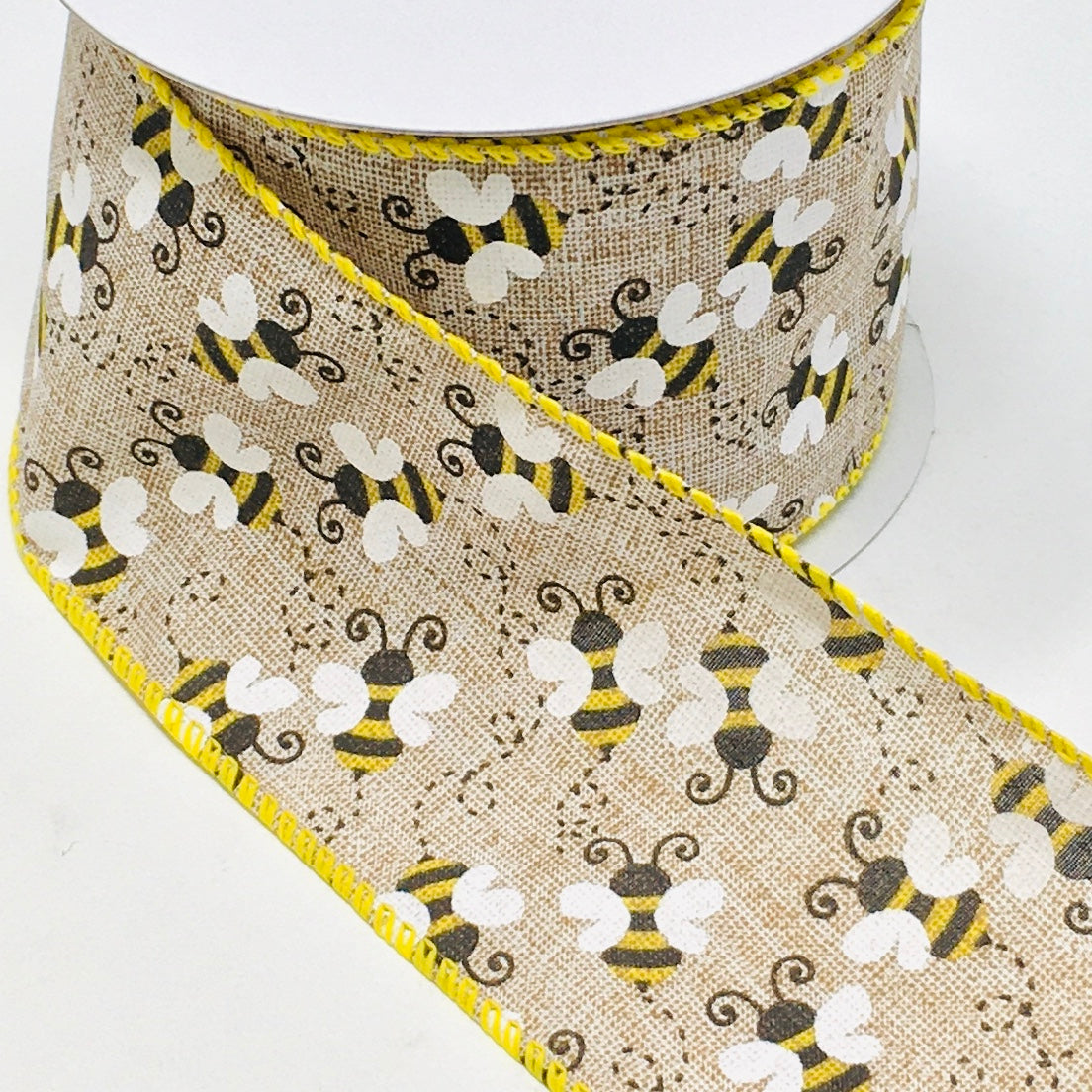 10 Yards - 2.5” Wired Natural Background Bumblebee Ribbon