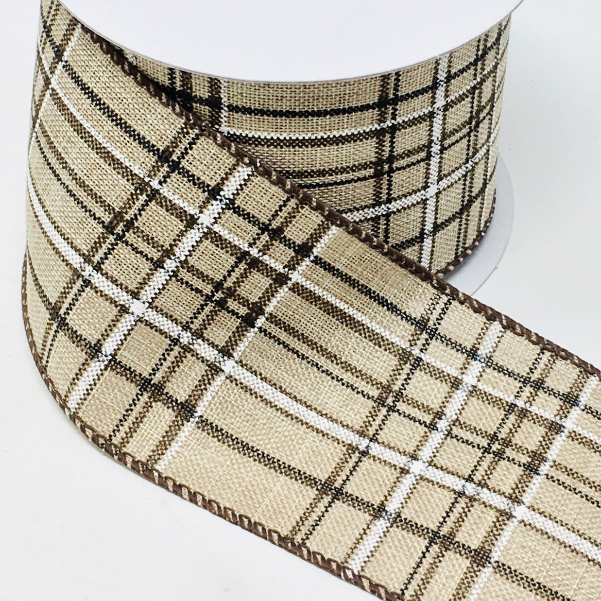 10 Yards - 2.5” Wired Natural, Brown, and White Check Ribbon