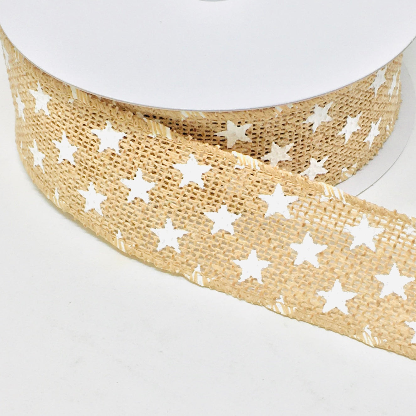 10 Yards - 1.5" Wired White Star Burlap Ribbon