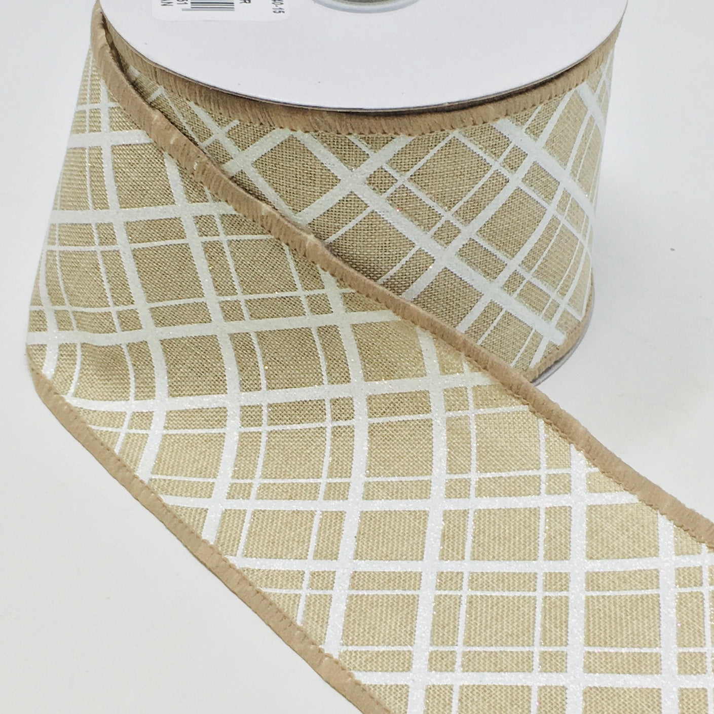 10 Yards - 2.5” Wired Natural and White Glitter Cross Check Ribbon
