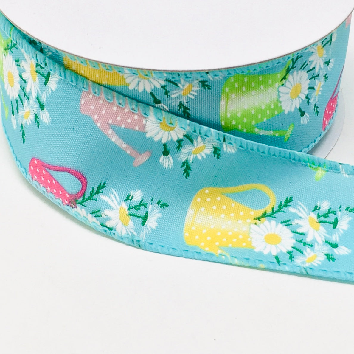 10 Yards - 1.5” Wired Blue Background Daisy Watering Can Ribbon
