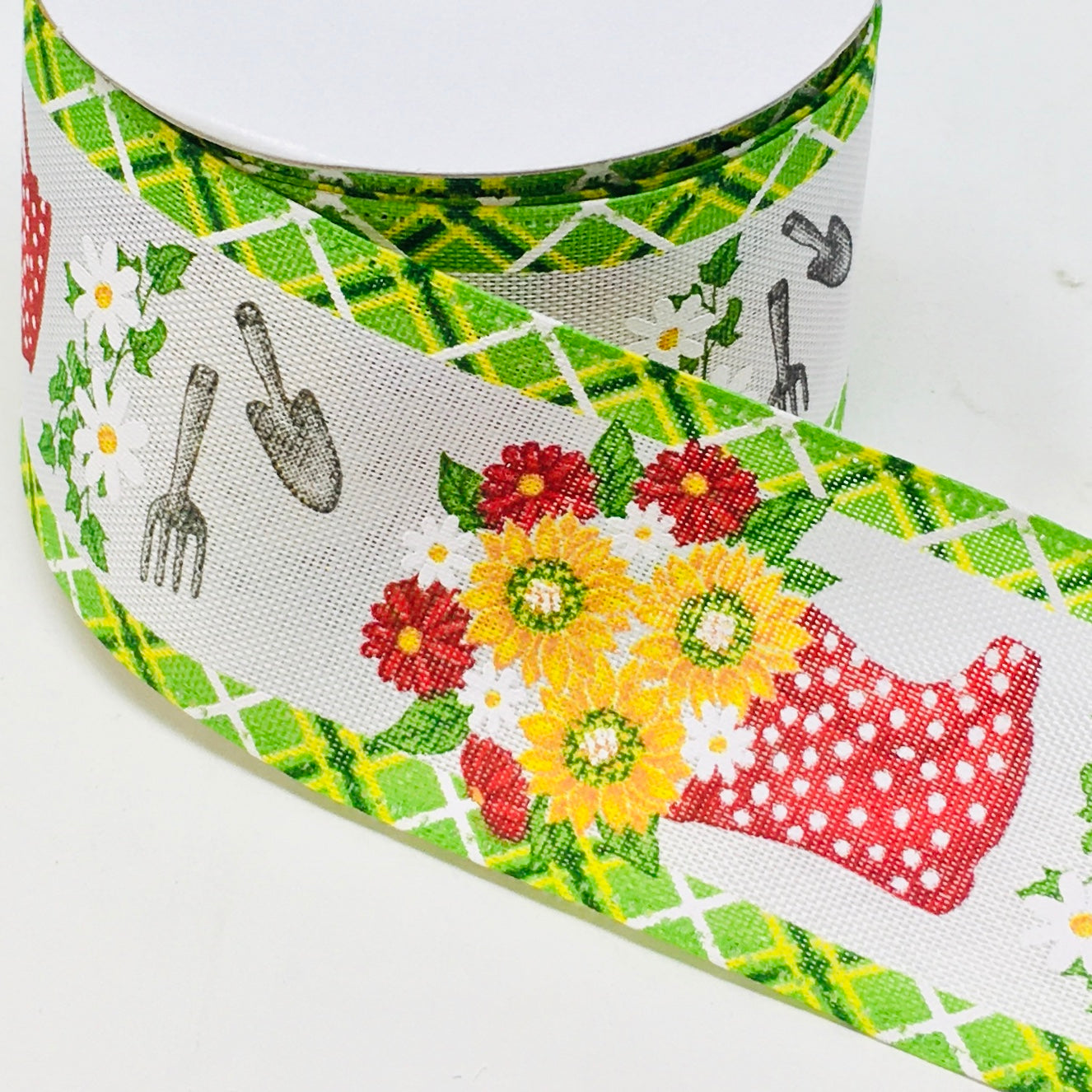 10 Yards - 2.5” Wired Red Rainboot and Watering Can Floral Watering Can Ribbon