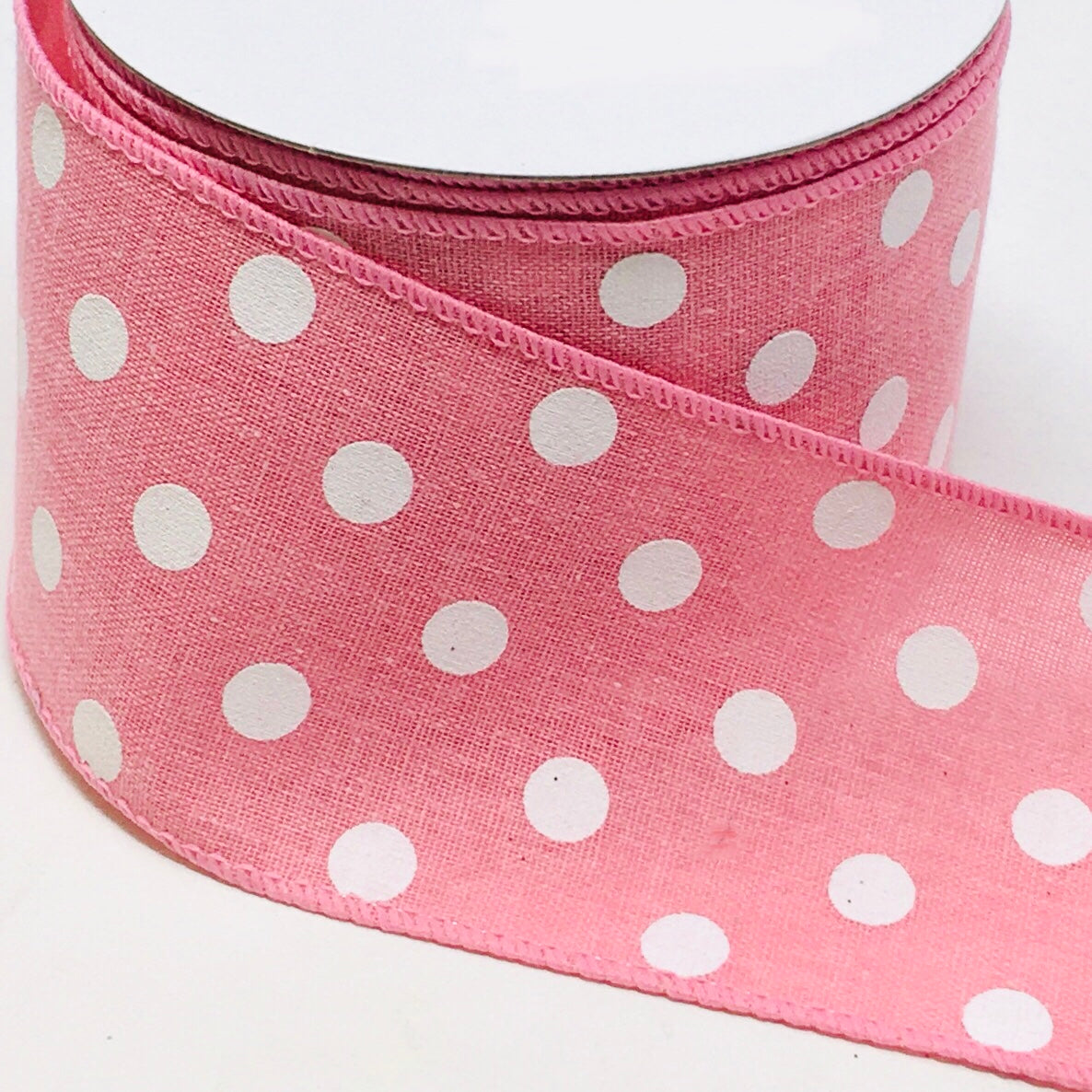 10 Yards - 2.5” Wired Pink and White Polka Dot Ribbon