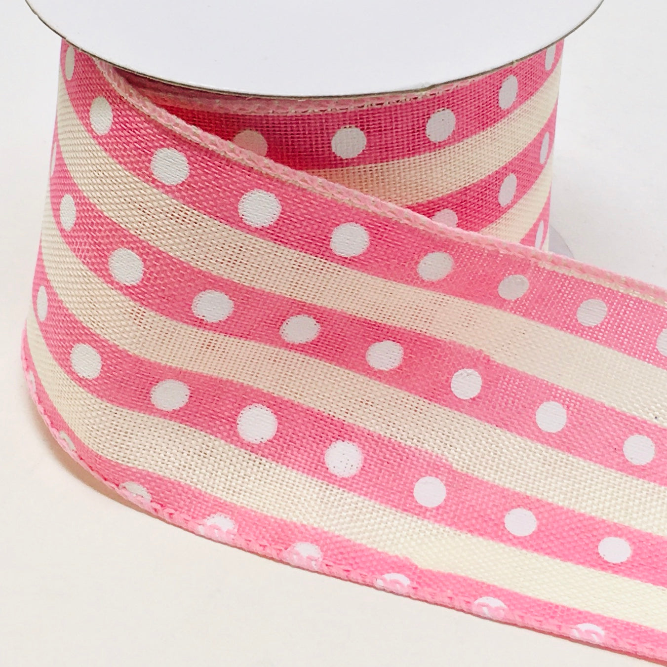 10 Yards - 2.5” Wired Pink, Cream, and White Polka Dot Stripe Ribbon