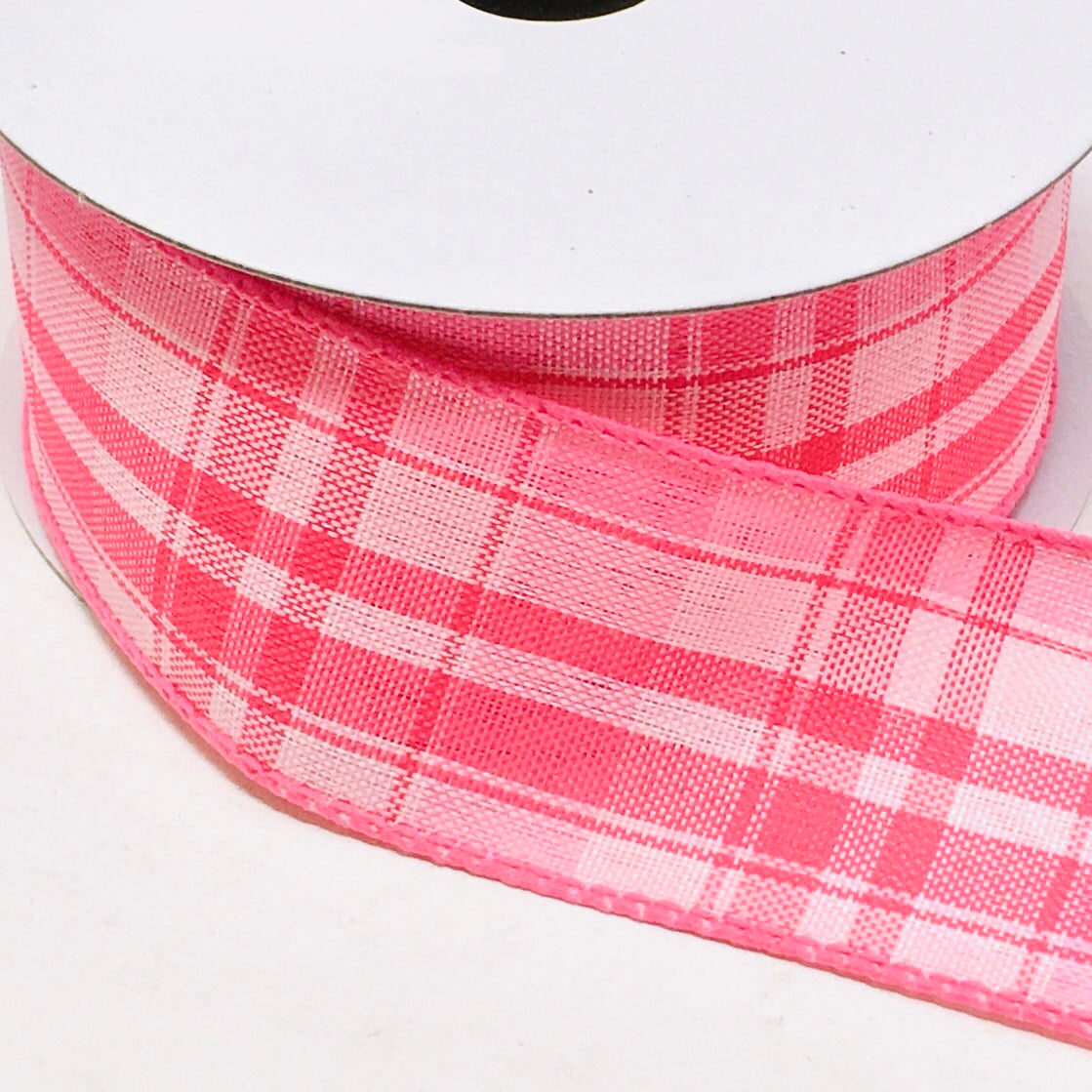 1.5 Gingham Check Wired Ribbon: Dark Pink & White (10 Yards)