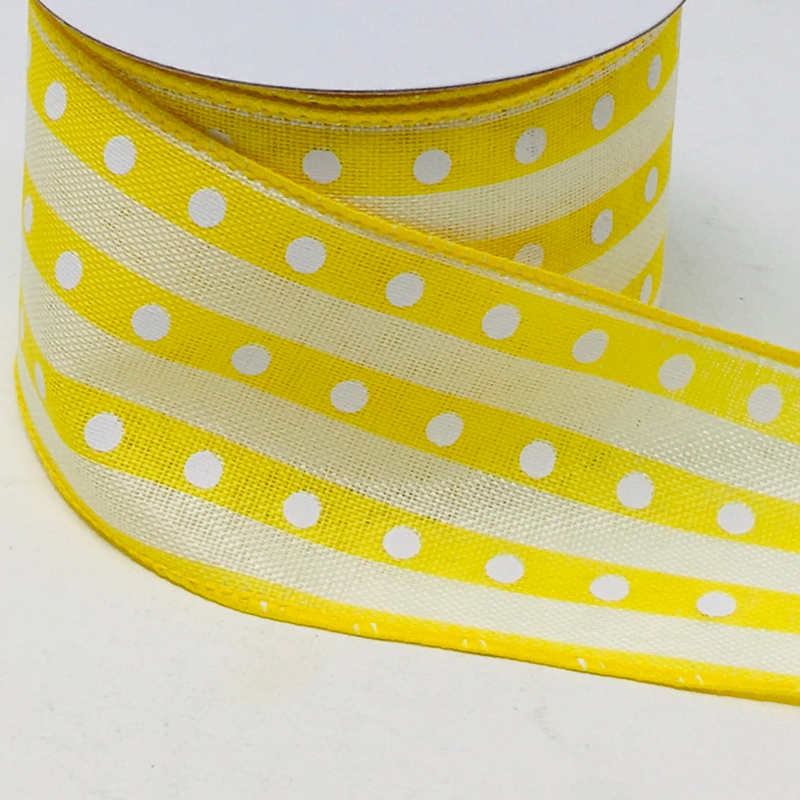 10 Yards - 2.5” Wired Yellow, Cream, and White Polka Dot Stripe Ribbon