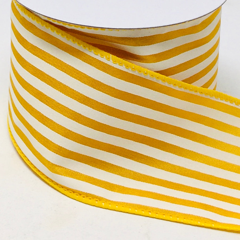 10 Yards - 2.5” Wired Mustard Yellow and White Stripe Ribbon