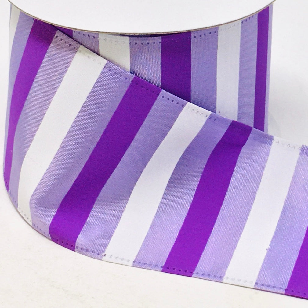 10 Yards - 2.5" Wired Purple, Lavender, and White Stripe Ribbon