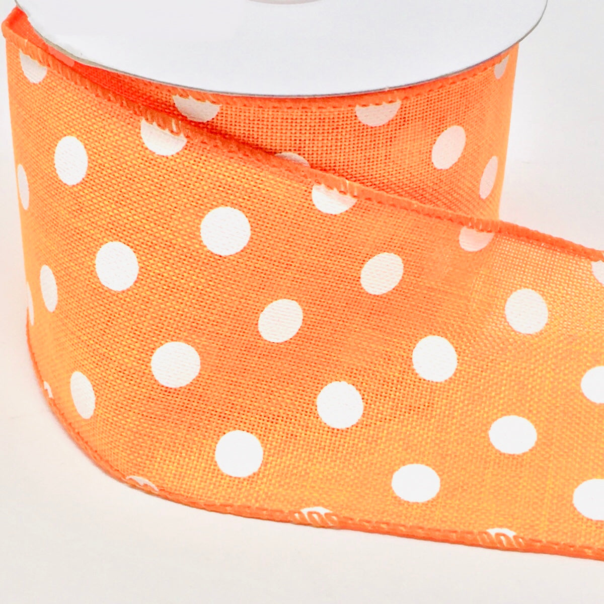 10 Yards - 2.5” Wired Orange and White Polka Dot Ribbon