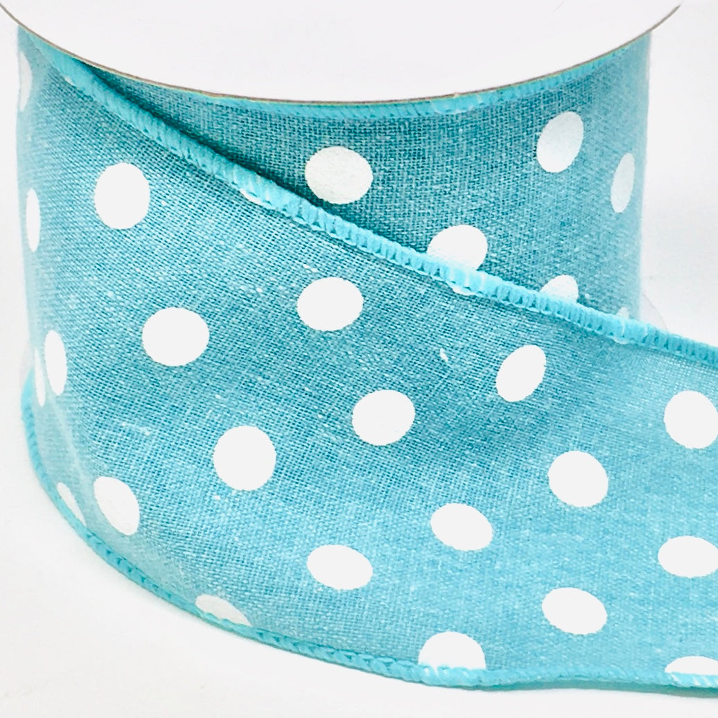 10 Yards - 2.5" Wired Blue and White Polka Dot Ribbon