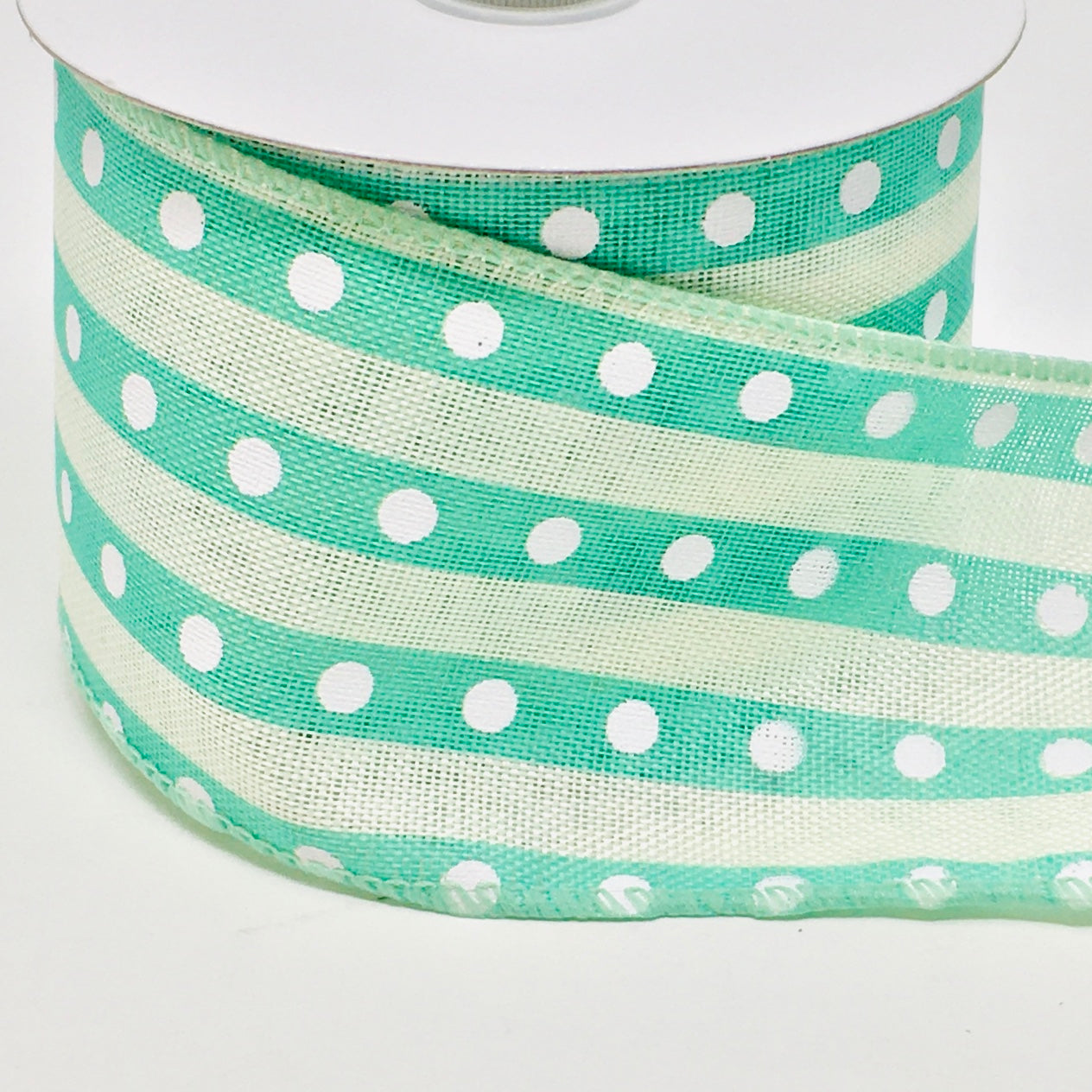 10 Yards - 2.5” Wired Mint and Cream Polka Dot Stripe Ribbon