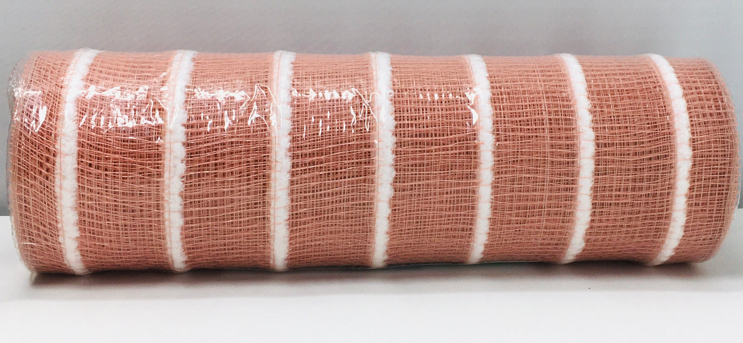 10”x10 Yards - Dark Peach and White Fuzz Stripe Deco Mesh