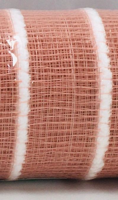 10”x10 Yards - Dark Peach and White Fuzz Stripe Deco Mesh
