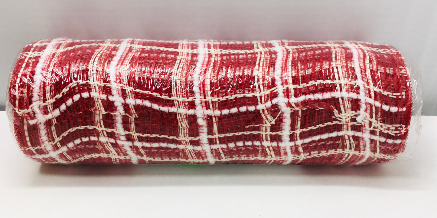 10”x10 Yards - Red, Cream, and White Fuzz Plaid Mesh