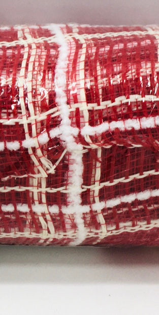 10”x10 Yards - Red, Cream, and White Fuzz Plaid Mesh